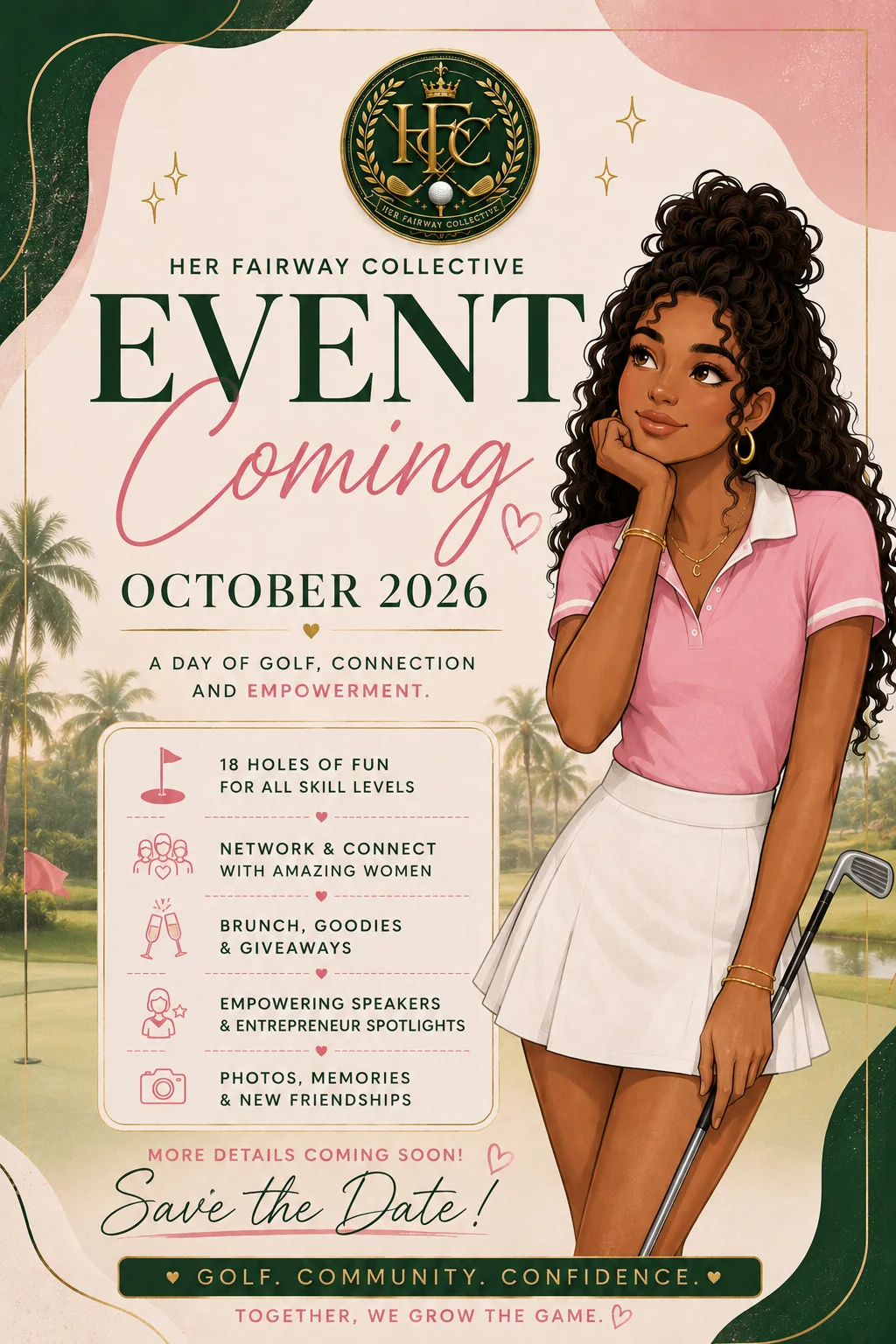 Her Fairway Collective save the date: an event coming October 2026, a day of golf, connection and empowerment. Eighteen holes of fun for all skill levels; networking with amazing women; brunch, goodies and giveaways; empowering speakers and entrepreneur spotlights; photos, memories and new friendships. More details coming soon. Golf. Community. Confidence. Together, we grow the game.